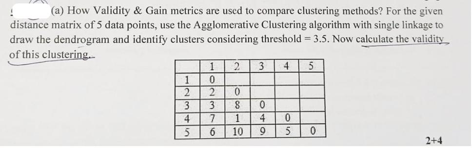 (a) How Validity & Gain metrics are used to compare clustering methods? For the given distance matrix of 5
