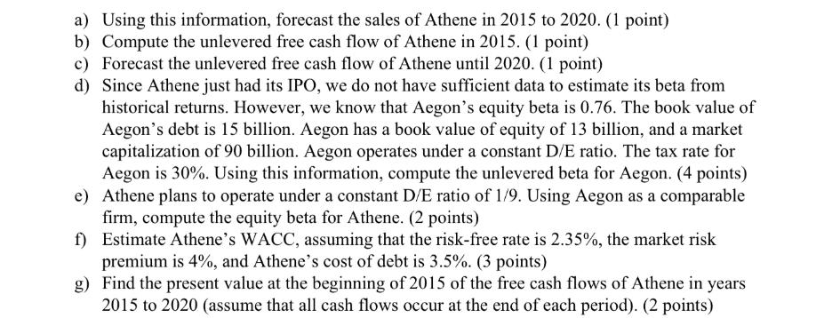 a) Using this information, forecast the sales of Athene in 2015 to 2020. (1 point) b) Compute the unlevered