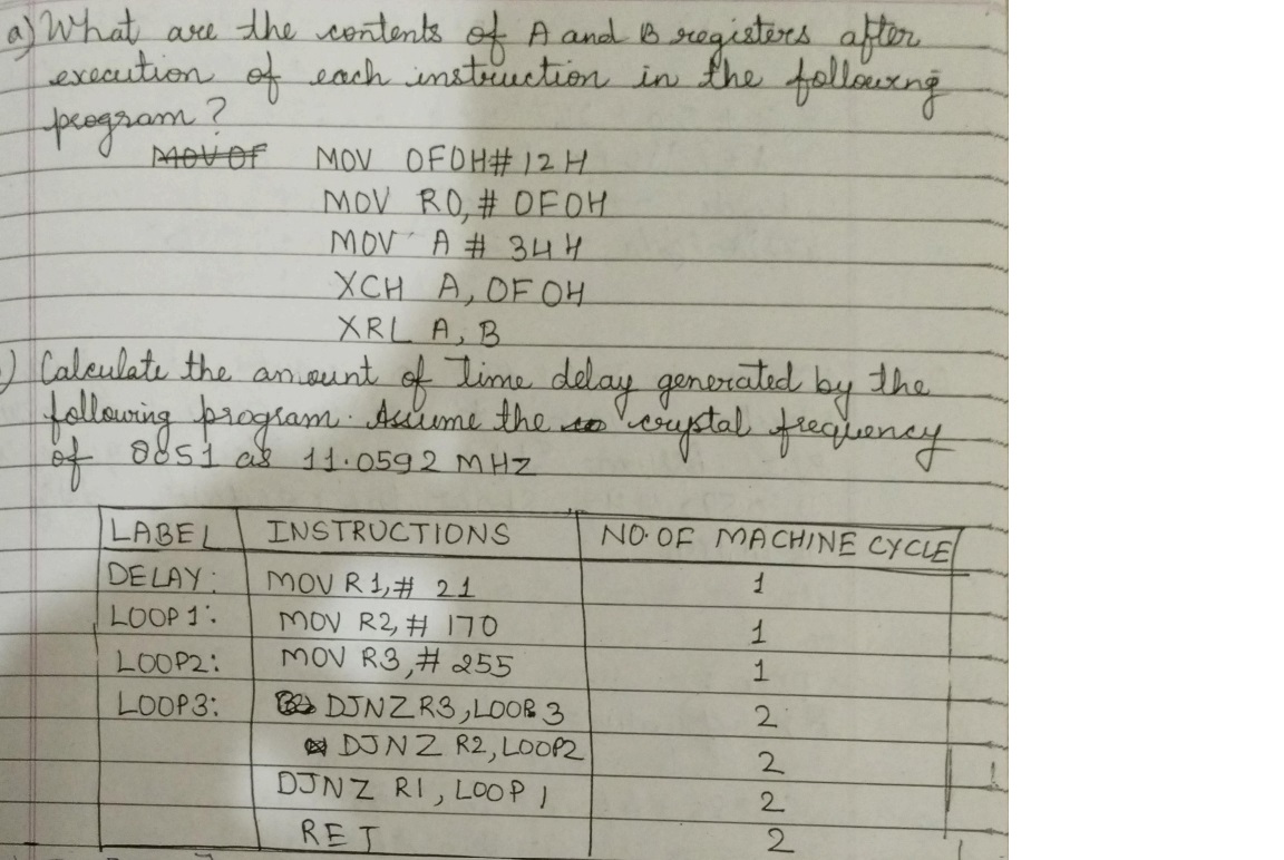 a) What are the contents. A and B registers after execution of each instruction in the following program? MOV