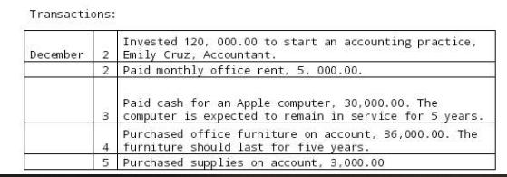 Transactions: December 2 2 Invested 120, 000.00 to start an accounting practice, Emily Cruz, Accountant. Paid