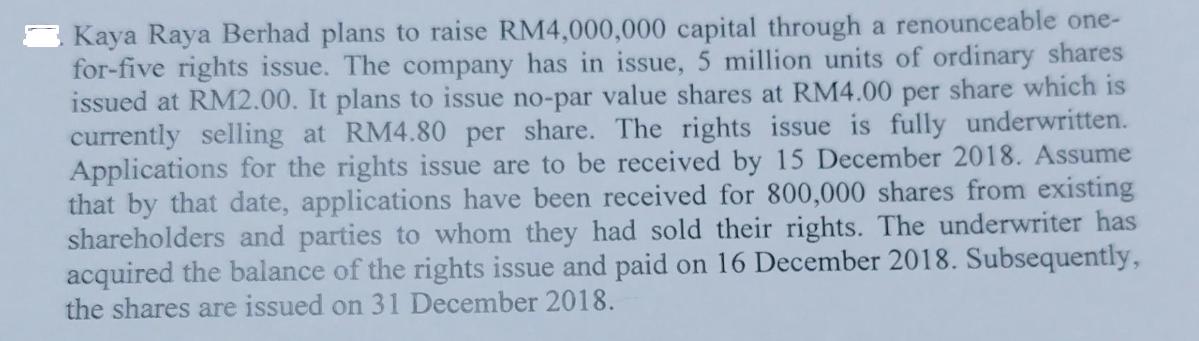 Kaya Raya Berhad plans to raise RM4,000,000 capital through a renounceable one- for-five rights issue. The