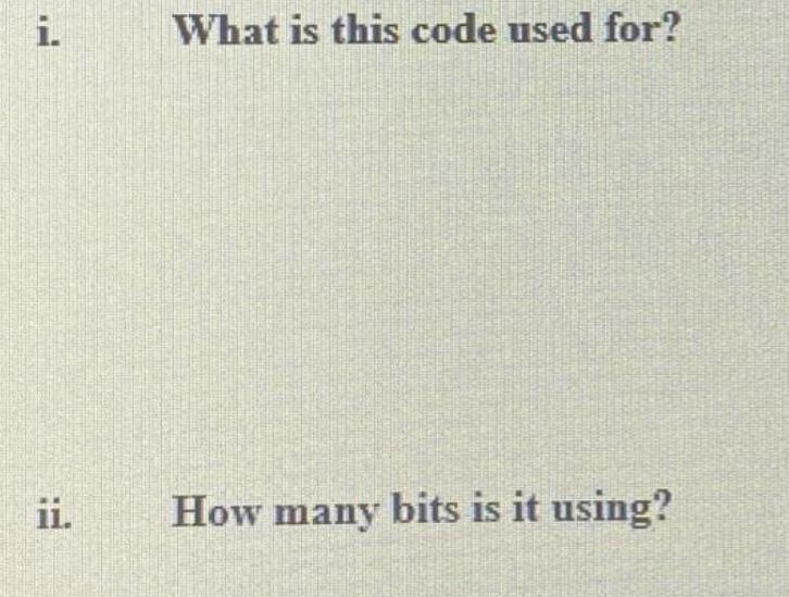 i. What is this code used for? ii. How many bits is it using?