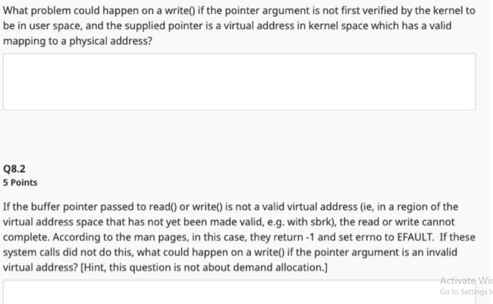 What problem could happen on a write() if the pointer argument is not first verified by the kernel to be in
