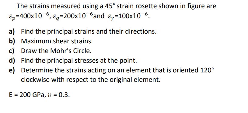 The strains measured using a 45 strain rosette shown in figure are &p=400x10-6, &q=200x10-6 and &y=100x10-6.