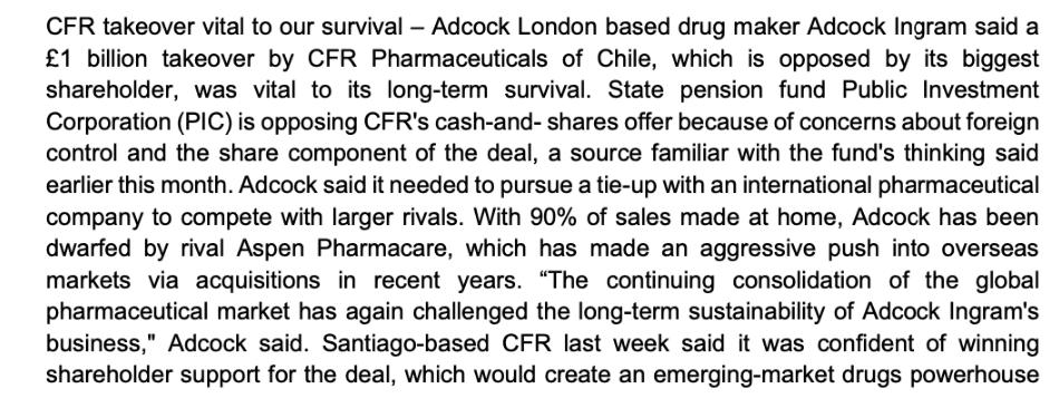 CFR takeover vital to our survival - Adcock London based drug maker Adcock Ingram said a 1 billion takeover