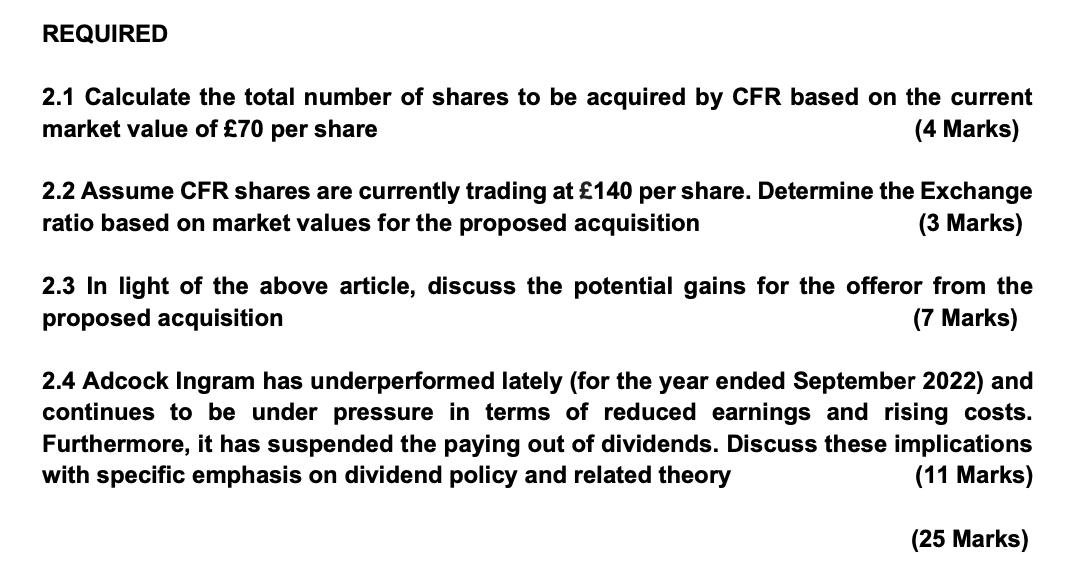 REQUIRED 2.1 Calculate the total number of shares to be acquired by CFR based on the current market value of