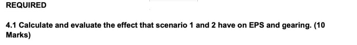 REQUIRED 4.1 Calculate and evaluate the effect that scenario 1 and 2 have on EPS and gearing. (10 Marks)