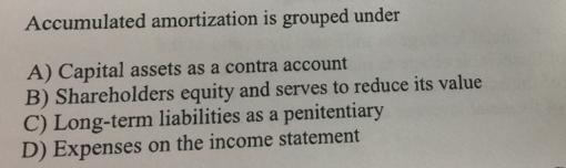 Accumulated amortization is grouped under A) Capital assets as a contra account B) Shareholders equity and