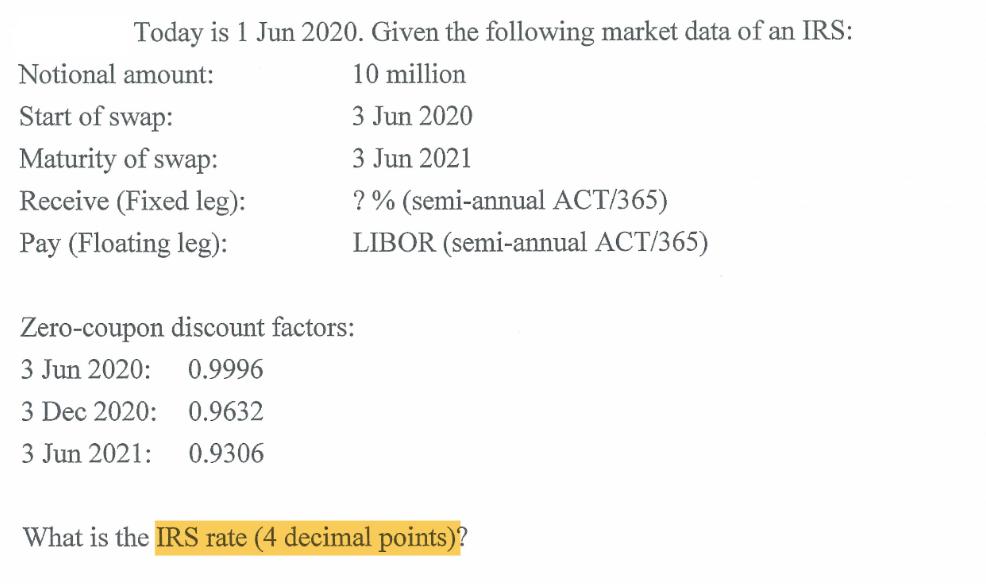 Today is 1 Jun 2020. Given the following market data of an IRS: 10 million 3 Jun 2020 3 Jun 2021 ? %