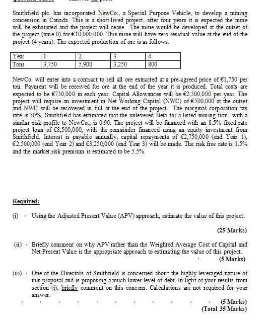 Smithfield plc. has incorporated NewCo., a Special Purpose Vehicle, to develop a mining concession in Canada.