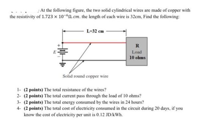 At the following figure, the two solid cylindrical wires are made of copper with the resistivity of 1.723 x