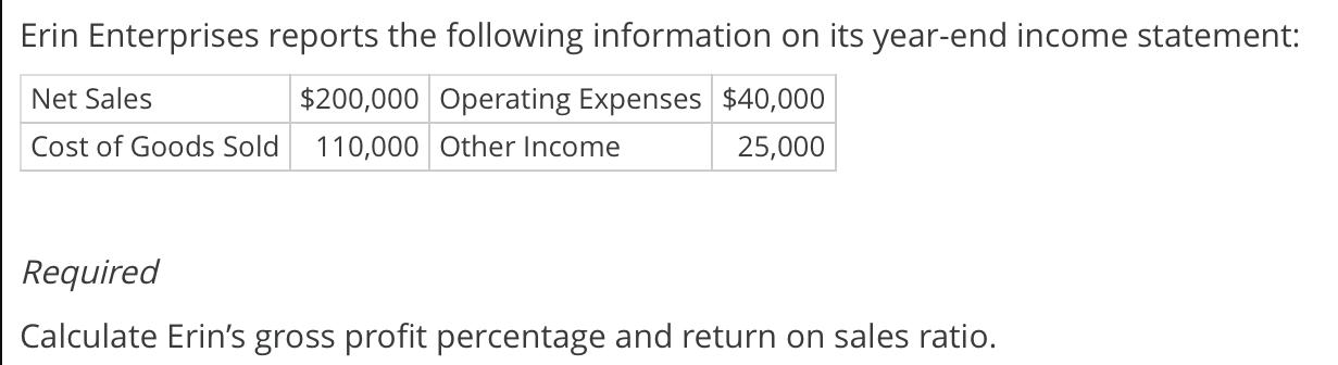 Erin Enterprises reports the following information on its year-end income statement: Net Sales $200,000