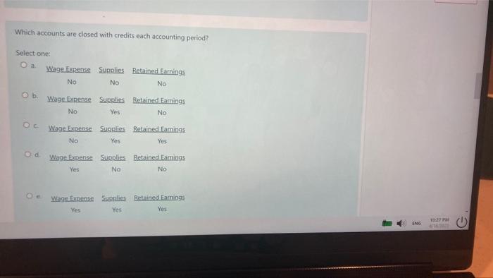 Which accounts are closed with credits each accounting period? Select one: O a. Wage Expense Supplies