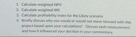 1. Calculate weighted NPV 2. Calculate weighted IRR 3. Calculate profitability Index for the Likely scenario