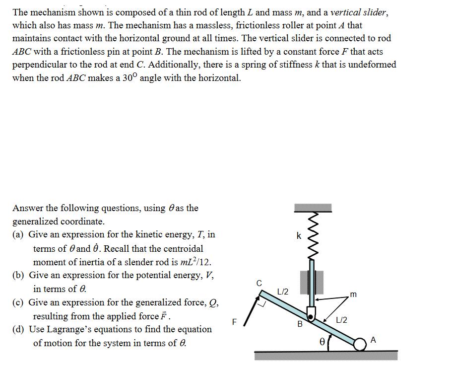 The mechanism shown is composed of a thin rod of length L and mass m, and a vertical slider, which also has