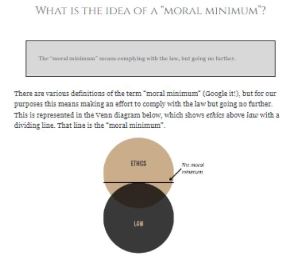 WHAT IS THE IDEA OF A "MORAL MINIMUM"? The "moral minimam" means complying with the law, but going no
