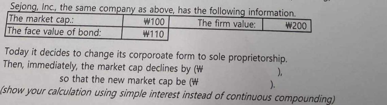 Sejong, Inc., the same company as above, has the following information. The market cap.: The firm value: #100