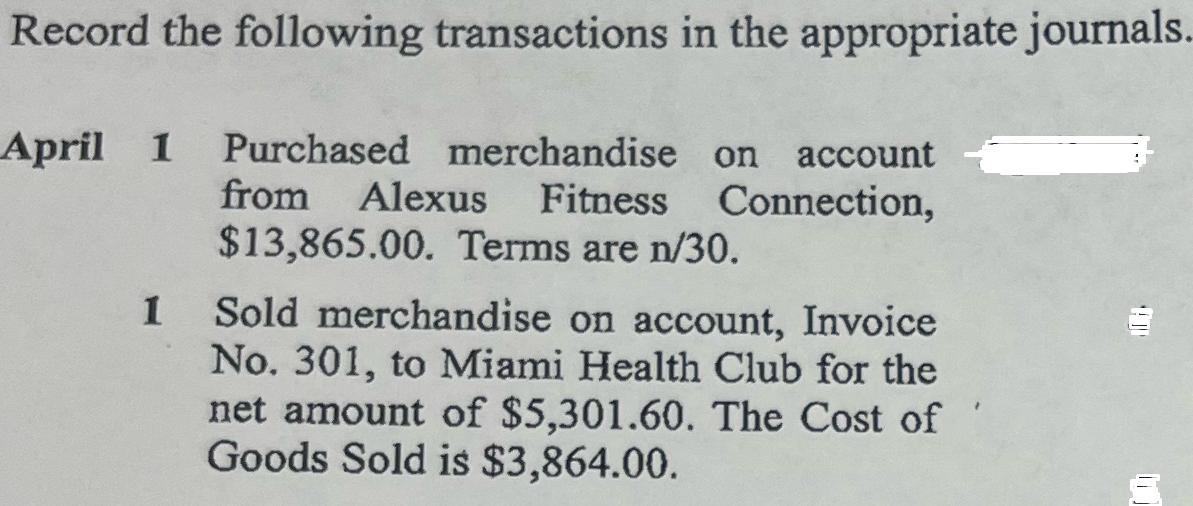 Record the following transactions in the appropriate journals. April 1 Purchased merchandise on account from