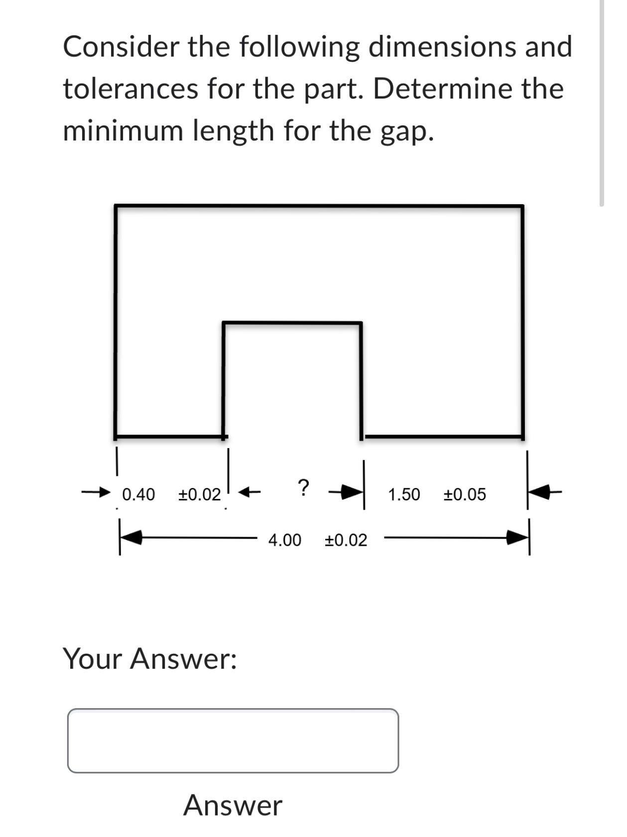 Consider the following dimensions and tolerances for the part. Determine the minimum length for the gap. 0.40