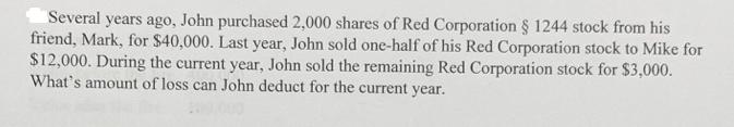 Several years ago, John purchased 2,000 shares of Red Corporation  1244 stock from his friend, Mark, for