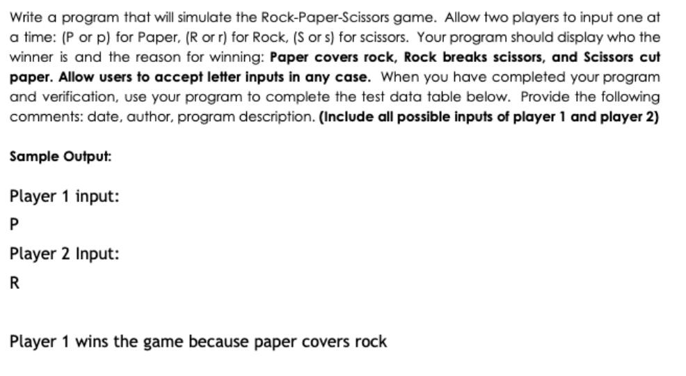 Write a program that will simulate the Rock-Paper-Scissors game. Allow two players to input one at a time: (P