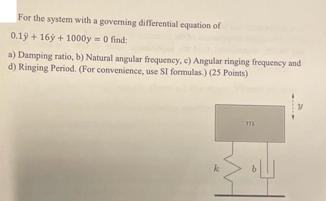 For the system with a governing differential equation of 0.1y + 16y + 1000y = 0 find: a) Damping ratio, b)