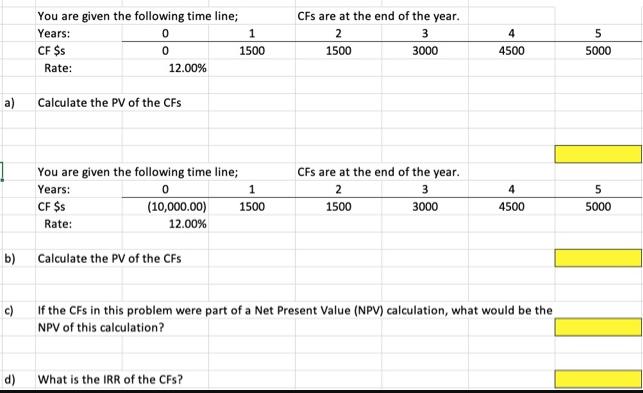 a) b) You are given the following time line; Years: 0 CF $s d) Rate: 0 12.00% Calculate the PV of the CFs