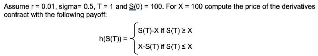 Assume r = 0.01, sigma= 0.5, T = 1 and S(0) = 100. For X = 100 compute the price of the derivatives contract