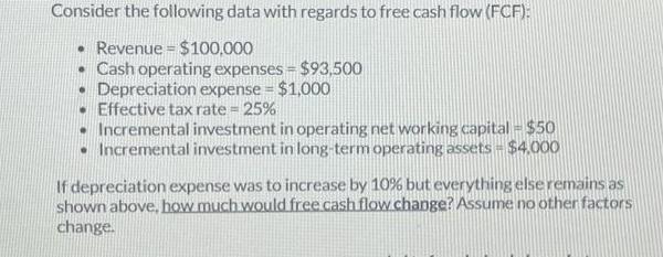 Consider the following data with regards to free cash flow (FCF): Revenue = $100,000  Cash operating expenses