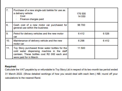 7. 8. di 10. 11. Purchase of a new single-cab bakkie for use as a delivery vehicle Cost Finance charges paid