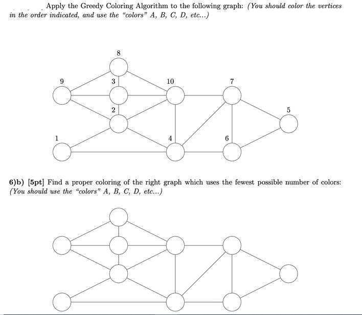 Apply the Greedy Coloring Algorithm to the following graph: (You should color the vertices in the order