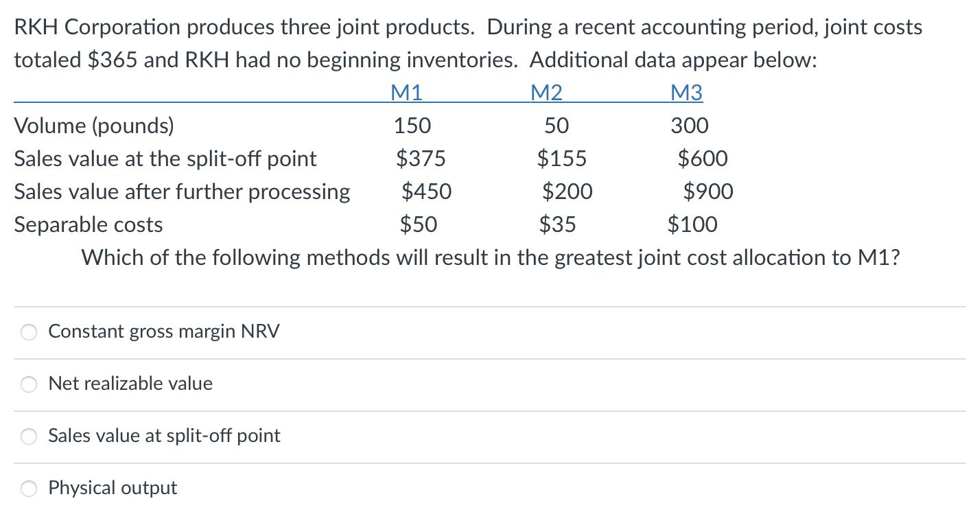 RKH Corporation produces three joint products. During a recent accounting period, joint costs totaled $365