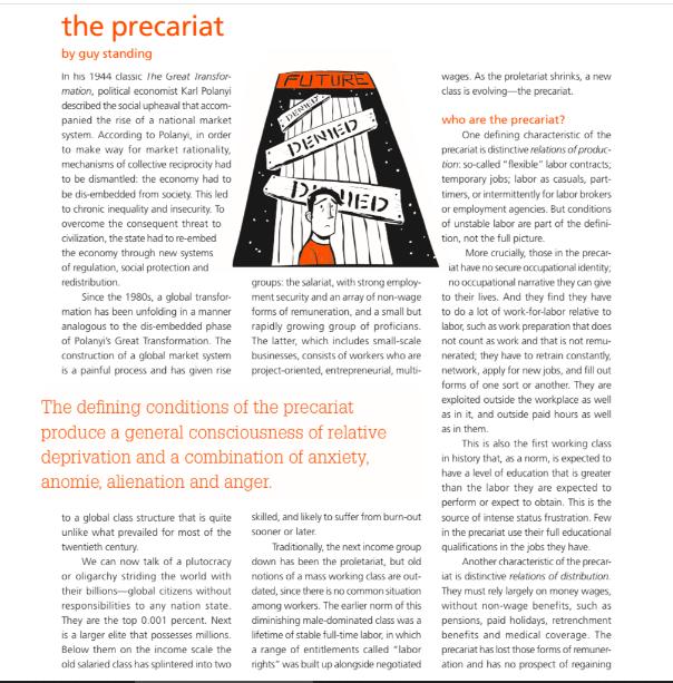 the precariat by guy standing In his 1944 classic The Great Transfor mation, political economist Karl Polanyi