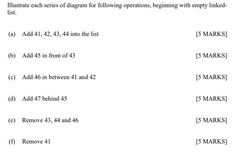 Illustrate each series of diagram for following operations, beginning with empty linked- list. (a) Add 41,
