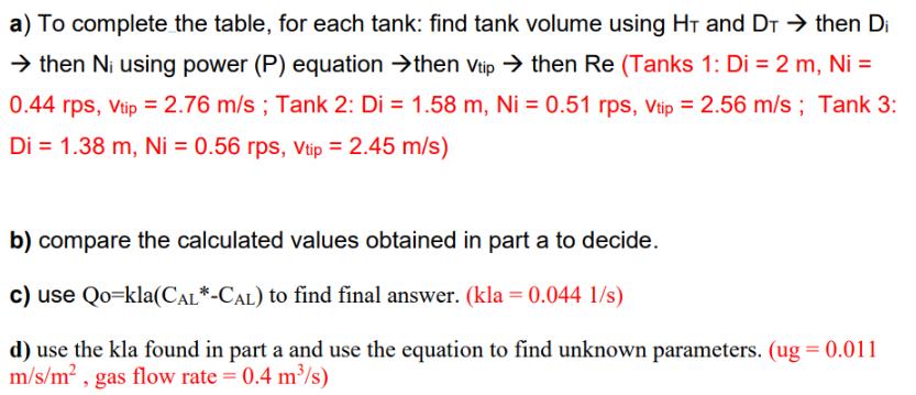 a) To complete the table, for each tank: find tank volume using HT and DT  then Di  then Ni using power (P)