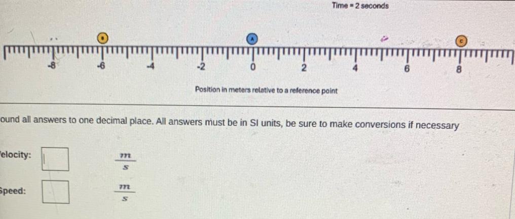 elocity: -6 Speed: 772 S -2 772 S 0 2 Time2 seconds ound all answers to one decimal place. All answers must