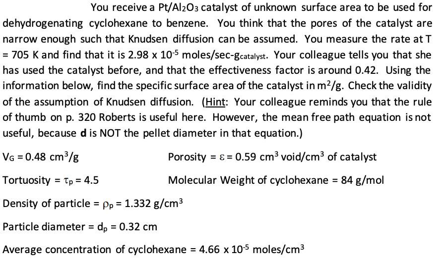 You receive a Pt/Al2O3 catalyst of unknown surface area to be used for dehydrogenating cyclohexane to