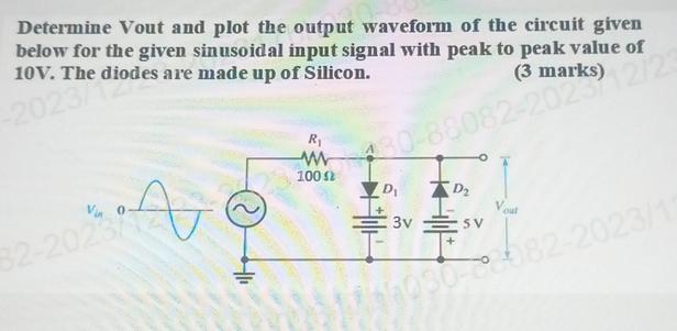 Determine Vout and plot the output waveform of the circuit given below for the given sinusoidal input signal