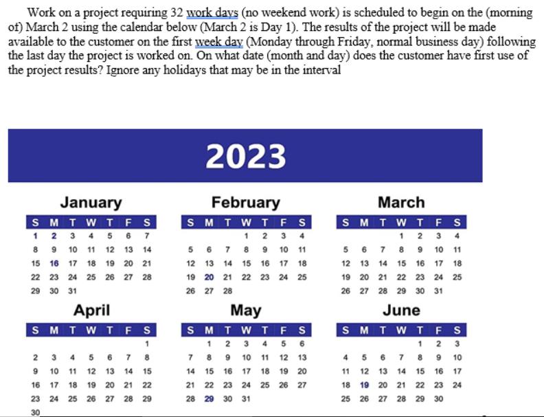 Work on a project requiring 32 work days (no weekend work) is scheduled to begin on the (morning of) March 2