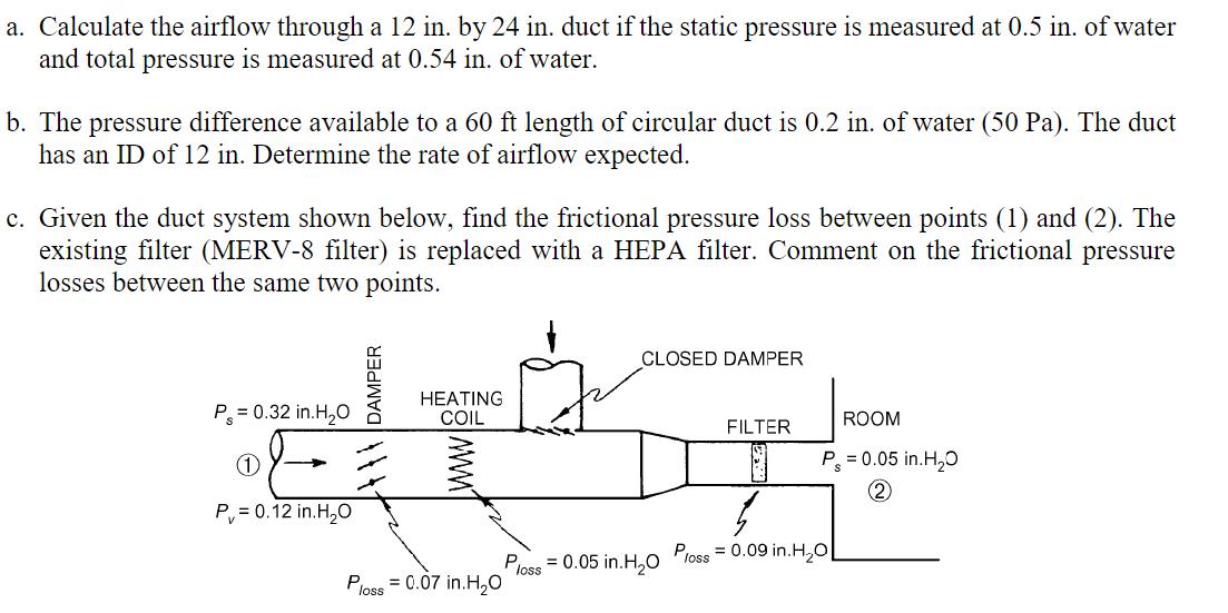 a. Calculate the airflow through a 12 in. by 24 in. duct if the static pressure is measured at 0.5 in. of