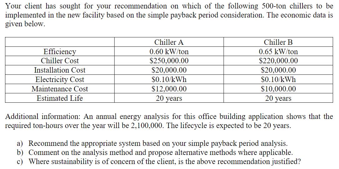 Your client has sought for your recommendation on which of the following 500-ton chillers to be implemented