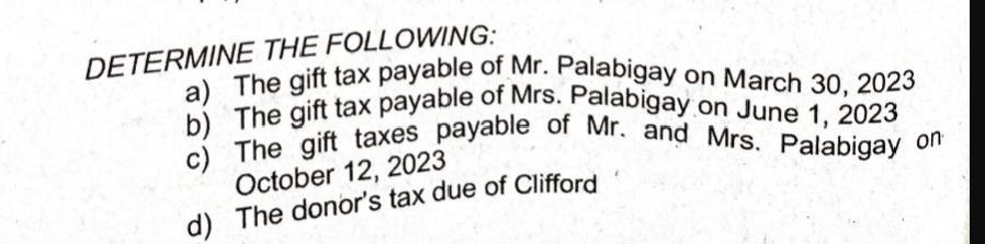 DETERMINE THE FOLLOWING: a) The gift tax payable of Mr. Palabigay on March 30, 2023 b) The gift tax payable