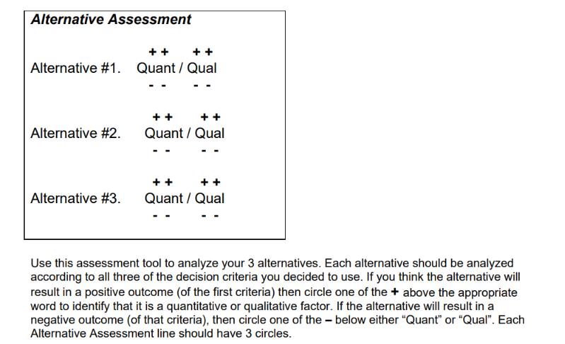 Alternative Assessment ++ ++ Alternative #1. Quant / Qual Alternative #2. Alternative #3. Quant / Qual ++ ++