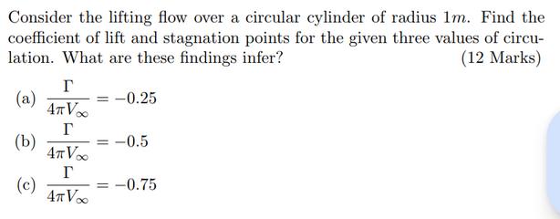 Consider the lifting flow over a circular cylinder of radius 1m. Find the coefficient of lift and stagnation