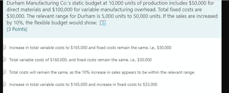 Durham Manufacturing Co.'s static budget at 10,000 units of production includes $50,000 for direct materials