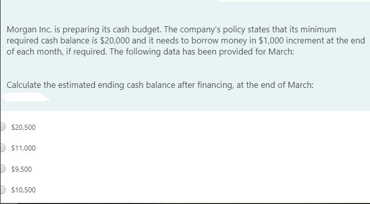 Morgan Inc. is preparing its cash budget. The company's policy states that its minimum required cash balance