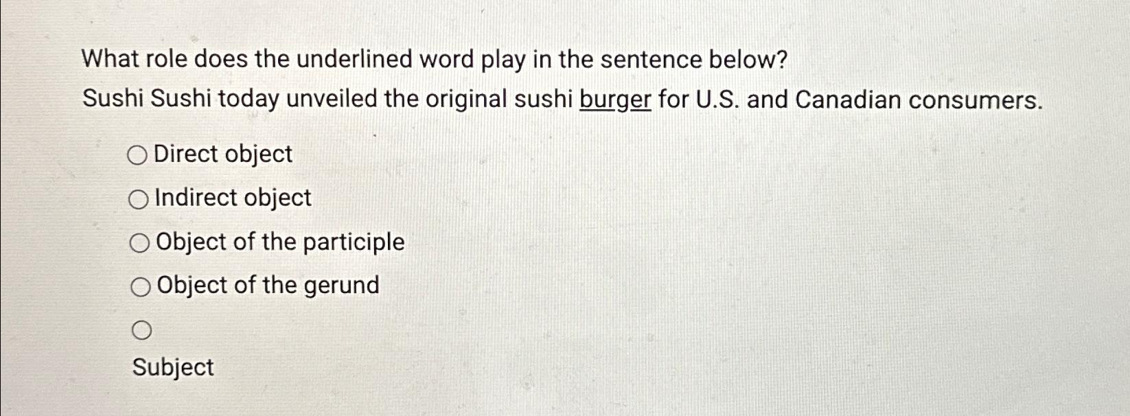 What role does the underlined word play in the sentence below? Sushi Sushi today unveiled the original sushi