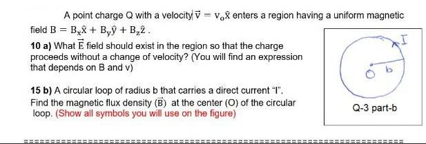 A point charge Q with a velocity V = Vo enters a region having a uniform magnetic field B B&+By + B2. 10 a)