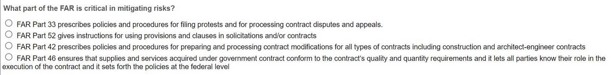 What part of the FAR is critical in mitigating risks? O FAR Part 33 prescribes policies and procedures for