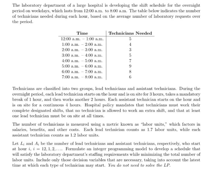 The laboratory department of a large hospital is developing the shift schedule for the overnight period on